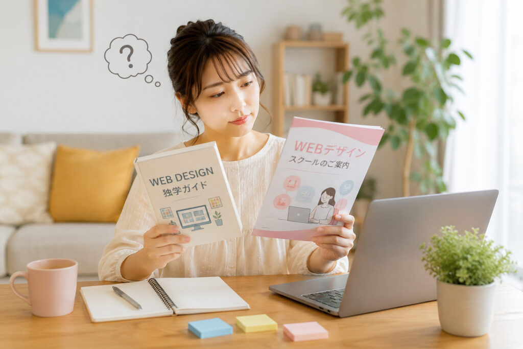 WEBデザインを独学とスクールどちらで学ぶか悩む女性