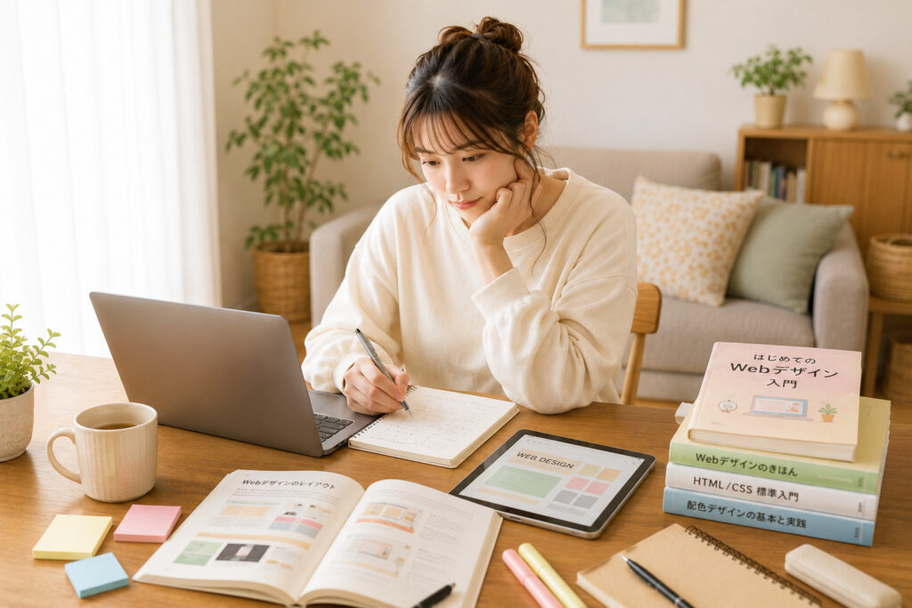 自宅で独学によりWEBデザインを学習する女性