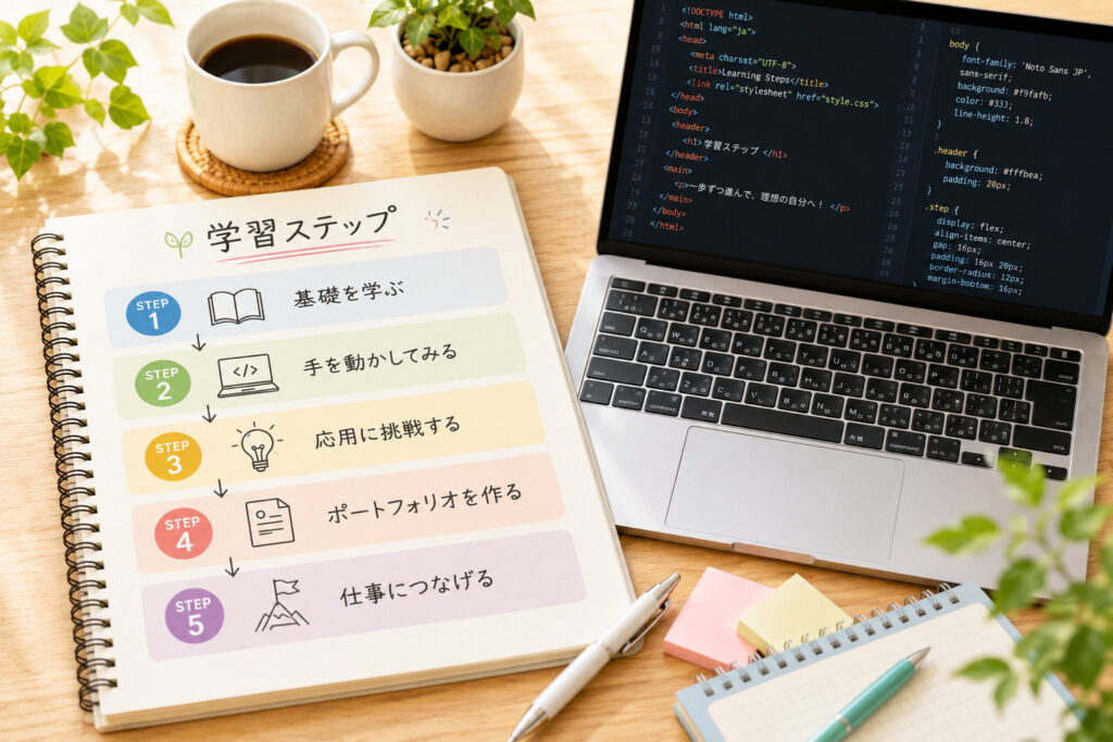 コーディング学習のステップをイメージした画像
